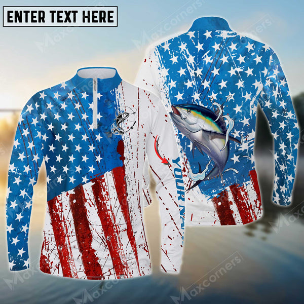 Maxcorners Personalized Name Tuna Fishing US Flag Long Sleeve Quarter Zip Jersey Shirt