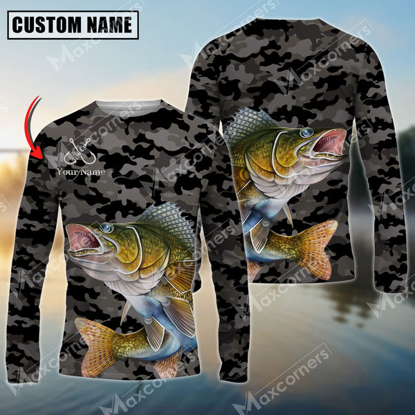 Maxcorner Walleye Fishing Camo Personalized Name 3D Long Sleeve Shirt