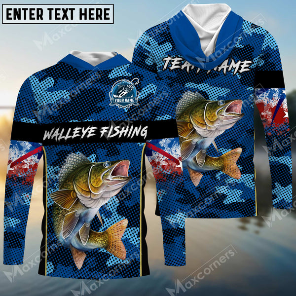 Maxcorners Personalized Name Walleye Fishing US Flag 3D Hooded Long Sleeves Shirt