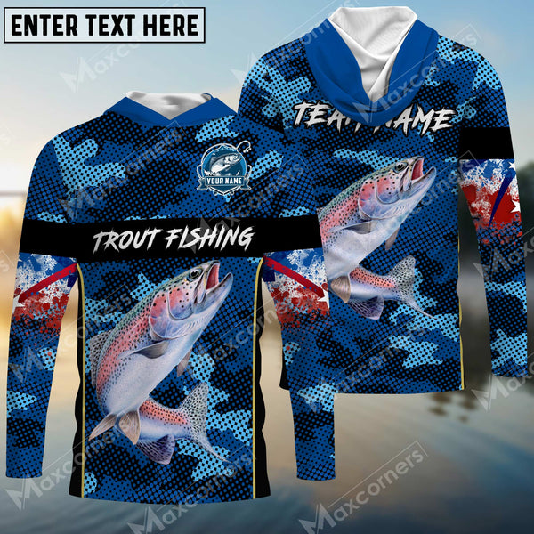 Maxcorners Personalized Name Trout Fishing US Flag 3D Hooded Long Sleeves Shirt