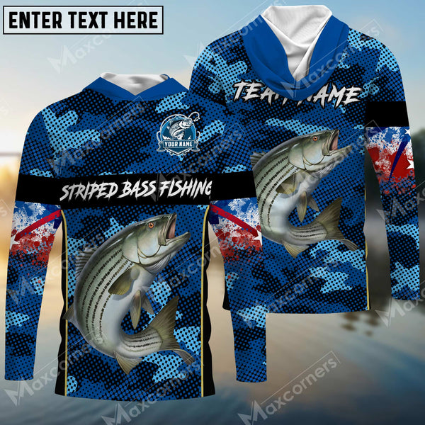 Maxcorners Personalized Name Striped Bass Fishing US Flag 3D Hooded Long Sleeves Shirt