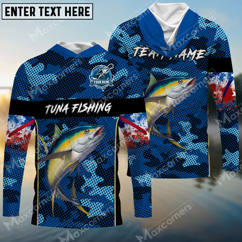 Maxcorners Personalized Name Tuna Fishing US Flag 3D Hooded Long Sleeves Shirt