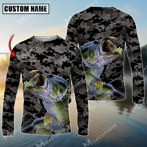 Maxcorner Bass Fishing Camo Personalized Name 3D Long Sleeve Shirt