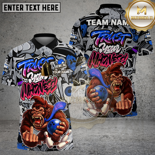 Maxcorners Bowling Gorilla Rage Graphic Trust Your Madness Art Multicolor Options Personalized Name, Team Name 3D Shirt (4 Colors)