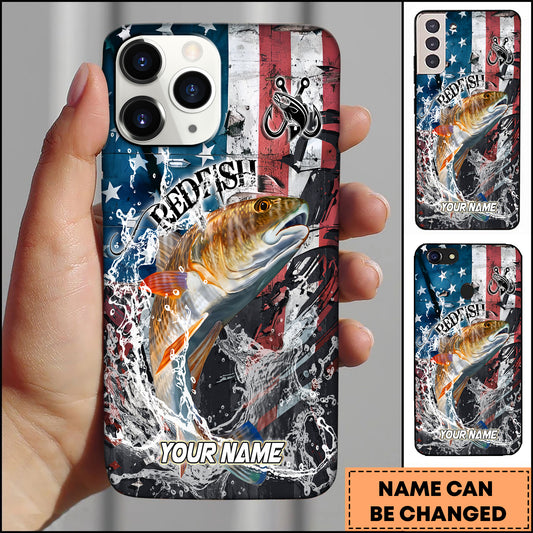 Maxcorners Redfish Fishing Vintage American Flag Grunge Splash Art Personalized Name Phone Case