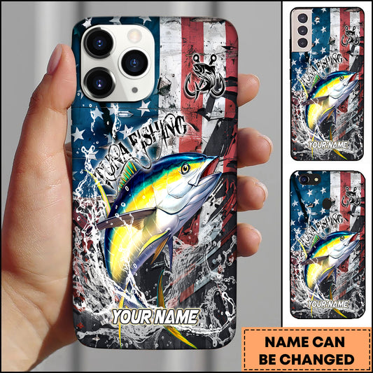 Maxcorners Tuna Fishing Vintage American Flag Grunge Splash Art Personalized Name Phone Case
