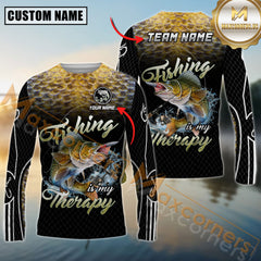 Maxcorners Fishing Shirt Walleye Graphic Therapy Quote Dark Camo Personalized Name, Team Name 3D Long Sleeve Shirt