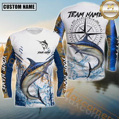 Maxcorners Marlin Fishing Shirt Compass Design Splash Effect White-Green Personalized Name, Team Name 3D Long Sleeve Shirt