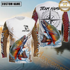 Maxcorners Trout Fishing Shirt Compass Design Splash Effect White-Green Personalized Name, Team Name 3D Long Sleeve Shirt