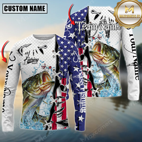 Maxcorners Bass Fishing American Flag Splash Personalized Name, Team Name 3D Long Sleeve Shirt