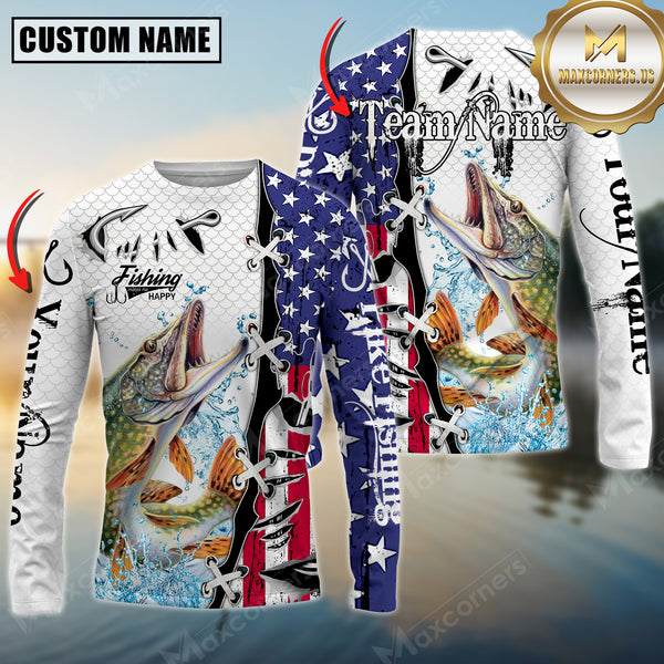 Maxcorners Pike Fishing American Flag Splash Personalized Name, Team Name 3D Long Sleeve Shirt
