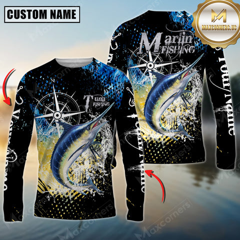 Maxcorners Tuna Fishing Compass Splash 3D Personalized Name, Team Name Long Sleeve Shirt