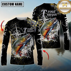 Maxcorners Trout Fishing Compass Splash 3D Personalized Name, Team Name Long Sleeve Shirt