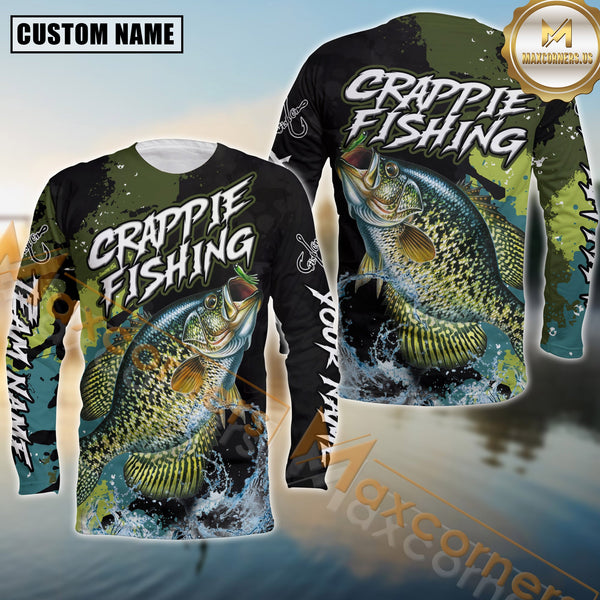Maxcorners Crappie Fishing Shirt Camo Splash Design Personalized Name, Team Name 3D Long Sleeve Shirt