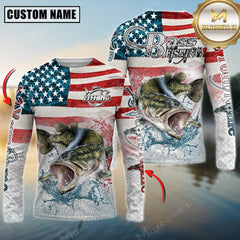 Maxcorners Bass Fishing American Flag Splash Design Personalized Name, Team Name 3D Long Sleeve Shirt