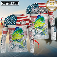 Maxcorners Mahi Mahi Fishing American Flag Splash Design Personalized Name, Team Name 3D Long Sleeve Shirt