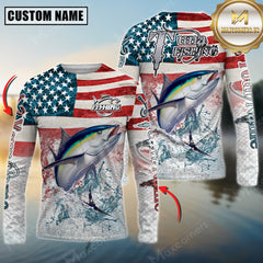 Maxcorners Tuna Fishing American Flag Splash Design Personalized Name, Team Name 3D Long Sleeve Shirt