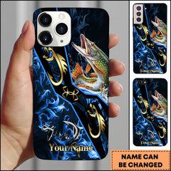 Maxcorners Pike Fishing Tribal Gold Blue Flame Personalized Name Phone Case