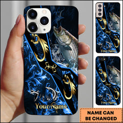Maxcorners Striped Bass Fishing Tribal Gold Blue Flame Personalized Name Phone Case