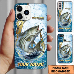 Maxcorners Striped Bass Fishing Jumping Striped Bass Hook Design Ocean Water Splash Art Personalized Name Phone Case