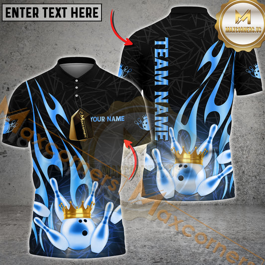 Maxcorners Bowling Shirt Gold Flame Crown Design Royal Style Multicolor Options Personalized Name, Team Name 3D Shirt (4 Colors)