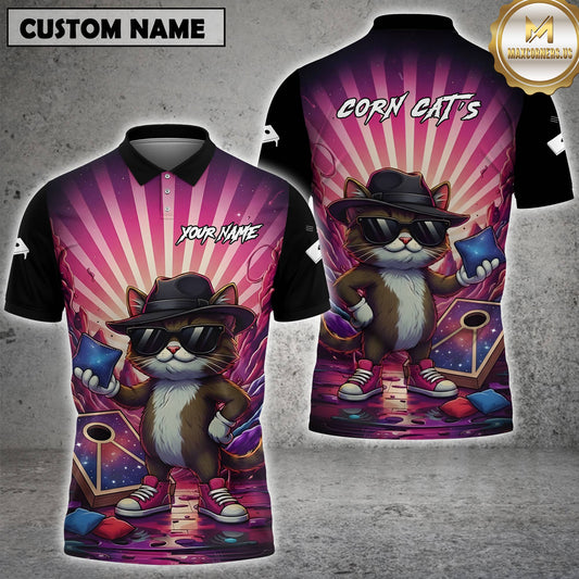 Maxcorners Pink Funny Cat Corn Hole Neon Graffiti Darts Shirt For Men Custom Jersey Team For Hal Trites