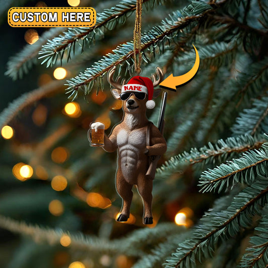 Maxcorners Deer Hunter Muscle Santa Hat Beer Mug Personalized Name Christmas Ornament