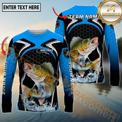 Maxcorners Freshwater Fishing Deep Blue Hexagon Sport Design Personalized Name, Team Name 3D Long Sleeve Shirt
