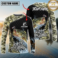 Maxcorners Bass Fishing Camo Pattern Custom Graphic Personalized Name, Team Name 3D Long Sleeve Shirt