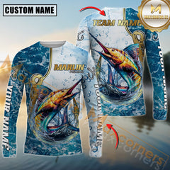 Maxcorners Marlin Fishing Jersey Golden Hook Graphic Personalized Name, Team Name 3D Long Sleeve Shirt