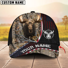 Maxcorners Deer Hunting Realistic Buck Head American Flag Leather Accent Personalized Name 3D Cap (6 Options)