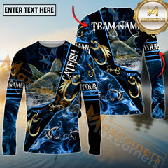 Maxcorners Freshwater Fishing Realistic Jumping Fish Blue Water Flame Golden Hooks Personalized Name, Team Name 3D Long Sleeve Shirt