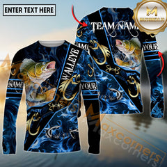 Maxcorners Freshwater Fishing Realistic Jumping Fish Blue Water Flame Golden Hooks Personalized Name, Team Name 3D Long Sleeve Shirt