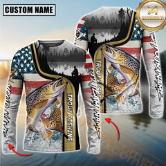 Maxcorners Freshwater Fishing Giant Fish Water Splash American Flag Landscape Personalized Name, Team Name 3D Long Sleeve Shirt