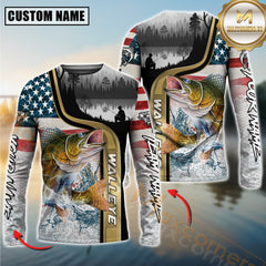 Maxcorners Freshwater Fishing Giant Fish Water Splash American Flag Landscape Personalized Name, Team Name 3D Long Sleeve Shirt