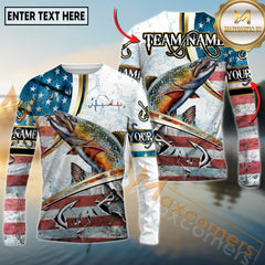 Maxcorners Freshwater Fishing USA Flag Dynamic Splash Personalized Name, Team Name 3D Long Sleeve Shirt