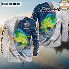 Maxcorners Saltwater Fishing Silver Scale Pattern Realistic Jumping Fish Water Splash Personalized Name, Team Name 3D Long Sleeve Shirt