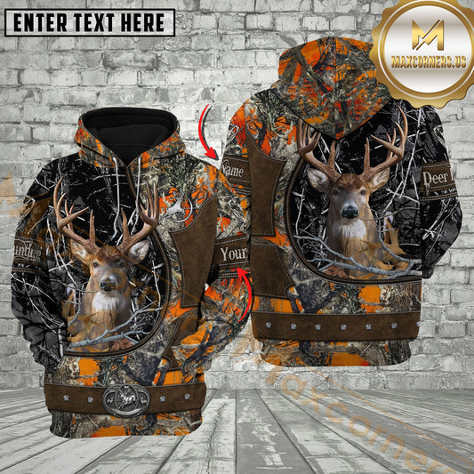 Maxcorners Deer Hunting Whitetail Buck Leather Patch Camo Multicolor Options Personalized Name, Team Name 3D Hoodie (4 Colors)