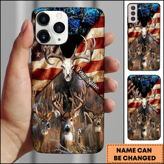 Maxcorners American Flag Whitetail Deer Skull Hunting Premium Personalized Name Phone Case (4 colors)