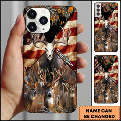 Maxcorners American Flag Whitetail Deer Skull Hunting Premium Personalized Name Phone Case (4 colors)