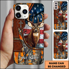 Maxcorners Deer Hunting American Flag Leather Cross Orange Camo Personalized Name Phone Case