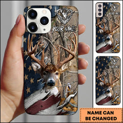 Maxcorners Deer Hunting Woodland American Flag Personalized Name Phone Case (4 colors)