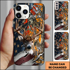 Maxcorners Deer Hunting Woodland American Flag Personalized Name Phone Case (4 colors)