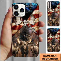 Maxcorners Moose Hunting American Flag Skull Art Personalized Name Phone Case (4 colors)