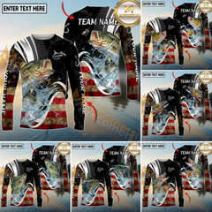 Maxcorners Freshwater Fishing American Flag Splash Art Personalized Name, Team Name 3D Long Sleeve Shirt