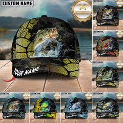 Maxcorners Fishing Cracked Texture Gold Black Splash Graphic Personalized Name 3D Cap (13 Options)