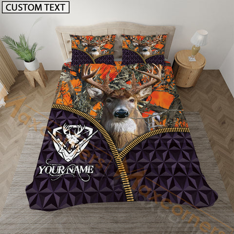 Maxcorners Deer Hunting Purple Geometric Orange Personalized Name Bedding Set 3D All Over Printed