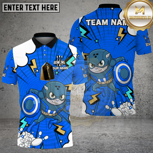 Maxcorners Bowling Shield Hero Action Cartoon Multicolor Options Personalized Name, Team Name 3D Shirt (4 Colors)