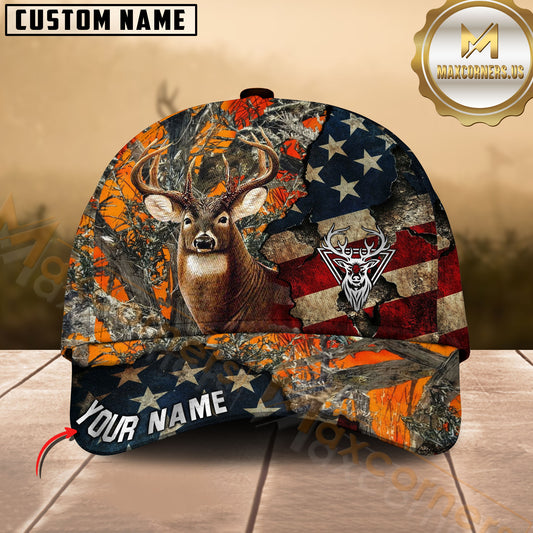 Maxcorners Deer Hunting Vintage American Flag Torn Patch Multicolor Options Personalized Name 3D Cap