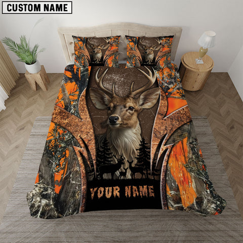 Maxcorners Orange Camo Deer Hunter Nature Personalized Name Bedding Set 3D All Over Printed